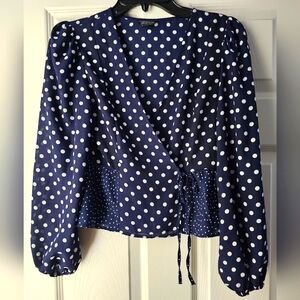 Topshop wrap polka dot blouse, long sleeves V neck, small